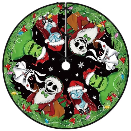 Christmas Tree Skirt 48 Inch Chistmas Nightmare Before Tree Collar Jack and Sally New Year Winter Xmas Tree Decor Zero Christmas Decorations for Home Party