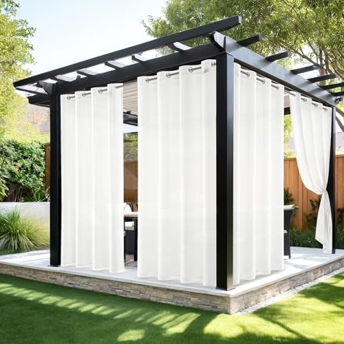 MIULEE Tende per Esterni Impermeabile con Occhielli 2 Pannelli, Tende da Esterno in Voile Semi-Trasparenti per Giardino, Balcone e Gazebo, Bianche 140×215cm