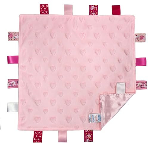 Soft Touch Taggie Couverture confortable pour bébé avec étiquettes sensorielles et motif imprimé bulles/cœur/étoile/aluminium (fossettes) (rose, 35 cm x 35 cm)