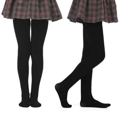 2 Pack Thermal Tights for Girls - 140 Denier Opaque, 0.5 Tog, Brushed Thick Warm Underwear, Soft, Comfortable - Winter, School, Everyday Wear - Black, 5-13 Years