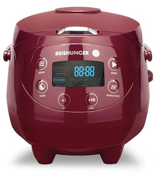 REISHUNGER Arrocera digital pequeña, burdeos, 0,6 L hasta 3 personas, función de mantenimiento del calor, temporizador y olla premium, pequeña multicocina y vapor, 8 programas, tecnología de 7 fases