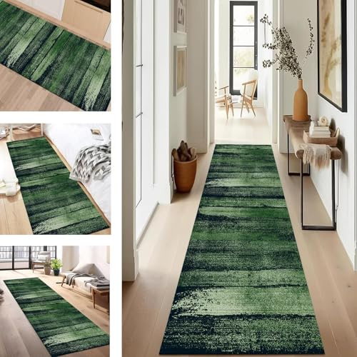 SUCERU Teppich Läufer Flur rutschfest 100X150CM Waschbar Teppichläufer Flur Grün Abstrakt Küchenläufer Modern Flurteppich Läufer Lang für Eingang Flur Küche Schlafzimmer Wohnzimmer