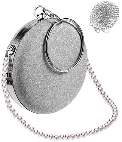 COLLBATH Damen Abendtasche Mit Abnehmbarer Perlenkette Und Rundem Griff Elegante Party Clutch Handtasche Für Hochzeit Abschlussball Und Festliche Anlässe Silbergrau Und Weiß Modisches