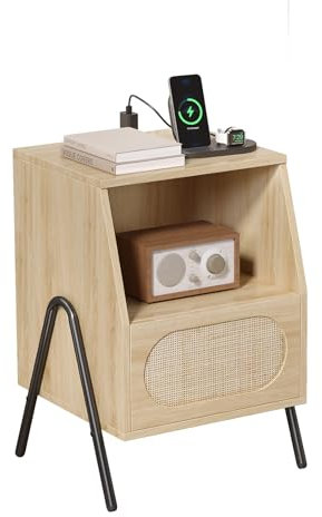 LEADZM Table de Chevet en Rotin avec Multiprise Tables d'appoint Meuble de Nuit, Commode de Nuit avec 2 Prises CA, 2 Ports USB, pour Salon, Chambre, Bureau (1, Chêne)