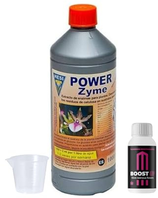 GROWMANIA HESI Power Zyme + Muestra Boost Up de Up Nutrients + Vaso Medidor | Abono Líquido Flores Plantas y Cultivos | Estimulación Crecimiento