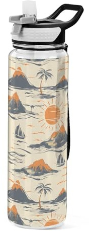 Mnsruu Bouteille d'eau de sport en Tritan sans BPA avec paille, motif palmier, vague de l'océan, jaune 1 l