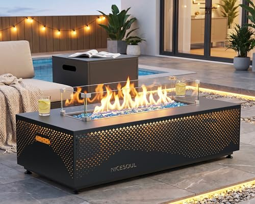 NICESOUL Caminetto da esterni a gas naturale e propano da 106,7 cm, rettangolare, con tavolo per serbatoio integrato, moderno camino da 50.000 BTU con luce a LED, per terrazza, patio