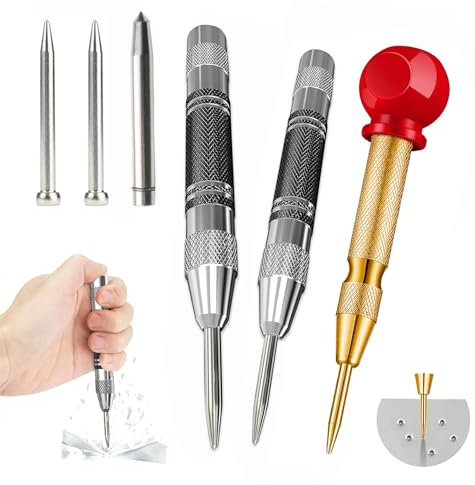 Set of 3 Automatic Metal Centre Punches,Automatik Körner mit Anreißnadel und 3 Ersatzspitzen,Centre Punch Tool Set with Adjustable One-Hand Spring Effect, Centre Punch for Metal, Wood, Glass