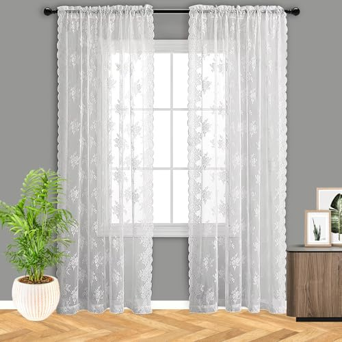 2 Stück Spitze Gardinen Weiß Vorhang, Vorhang Aus Spitze Transparent, Scheibengardine Landhausstil, 150*200cm Scheibengardine Stickerei Modern Für Schlafzimmer Wohnzimmer Küchengardinen Balkontür