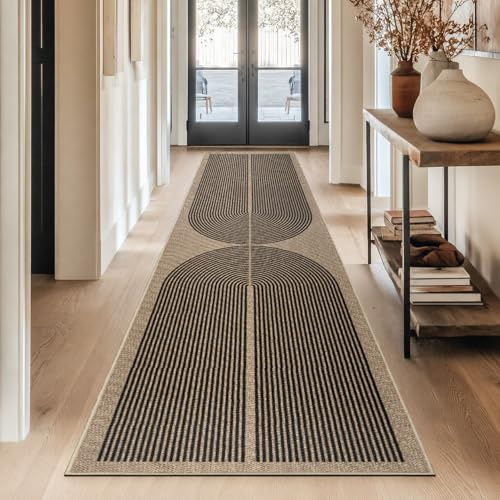 Capslpad Teppich Läufer Flur 80x300cm Jute Aussehen KüchenTeppich Natürlich Waschbar Teppich Schwarz rutschfest Küchenläufer Korridor läufer Flur Küche,Schlafzimmer, Balkon