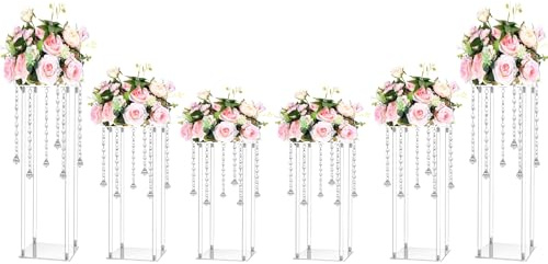 Yerliker 6 Sets High Wedding Flower Stand Acrylic Vase Wedding Centerpieces with Acrylic Hanging Crystals for Centerpieces and Small Plastic Ceiling Hooks for Birthday Party (23.6 Inch,15.75 Inch)