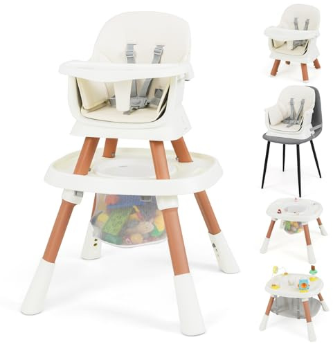 GOPLUS Trona Convertible para Niños 16 en 1, Set de Estudio con Mesa Doble, Bandeja Extraíble, Cesta y Cinturón de Seguridad, Centro de Actividades Ajustable con 3 Juguetes (Blanco + Natural)
