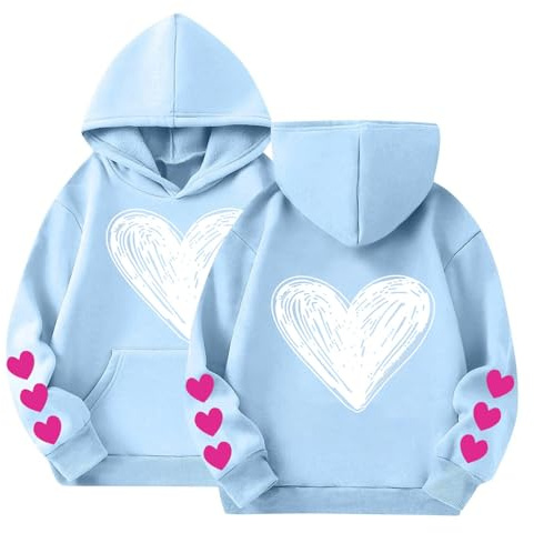 Mjjsk Söta huvtröjor för flickor snygg långärmad hjärta grafiska huvtröjor med huva vardaglig bekväm pullover toppar trendig Preppy huvtröja jumper, Himmelsblått, 3-4 Years