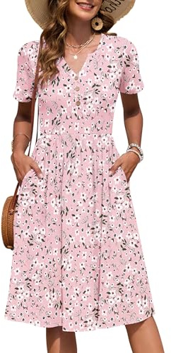 AUSELILY Robe Femme d'été à Manches Courtes Longueur Genou avec Poches | Col en V, avec Boutons, Mi-Longue, Style Empire