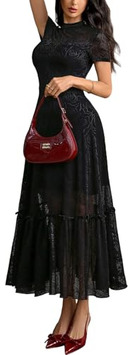 GothDark Women's Lace Floral Short Sleeve Elegant Bodycon Party Midi Dress | Mock Neck, Ruffled Hem, High Waist, Double Layer, Soft Lining, Vintage Cocktail Night Out Outfit