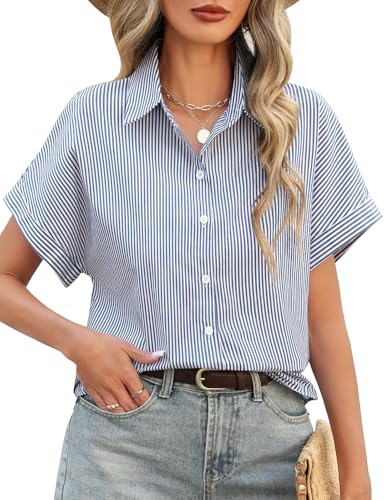 CMTOP Camicia Donna Estiva Camicetta Elegante Scollo a V Blusa Manica Corta Cotone Maglietta Loose Bottoni Tunica Classico Camicia a Righe Basic Casual Shirt Tops (Blu Navy, L)