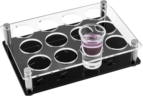 CREATCABIN Bandeja de Acrílico Transparente para Vasos de Chupito Color Negro con Orificio de 12 Pulgadas para Cerveza Vino Exhibidores Bandejas para Bar Fiestas Clubes Fiestas Familiares 21x15x5.2cm