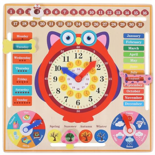 HEMOTON Lernspielzeug Holz Uhr für Kalenderuhr mit Wetter und Jahreszeitenanzeige Farbige Lernuhr zur Zahlen und Farberkennung für Vorschulkinder