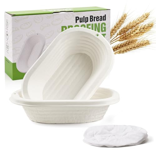 Clheatky Pack of 2 Oval Pulp Sourdough Banneton Proofing Baskets with Linen Liners - Bread Proving Basket for Sourdough Batard Baking
