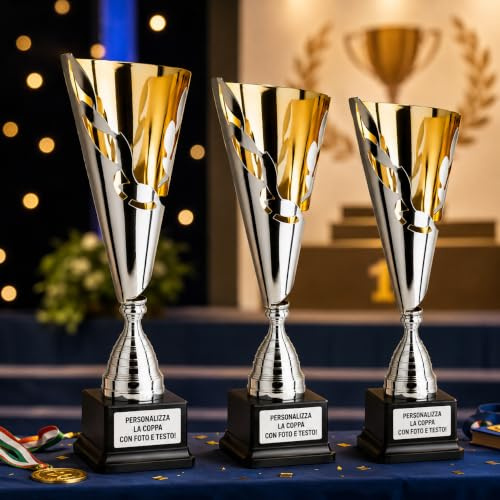 D&Vlab Tris Coppe Trofei Grandi 46-44-41 cm con targhetta Personalizzata Omaggio per Premiazioni Tornei Gare Eventi Manifestazioni Rifiniture in Oro | Rifiniture in Oro, Per Premiazioni e Tornei, 3 Misure Diverse, Per Gare ed Eventi, Targhetta Omaggio