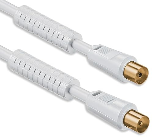 1aTTack.de 1x 10m TV Antennenkabel Ferrit Koax-Stecker/Buchse 100dB Weiß | Mantelstromfilter gegen Brummen und Störungen; 2-fach geschirmt für TV, Radio, DVB-T/T2, DAB und Kabelanschluss; vergoldet