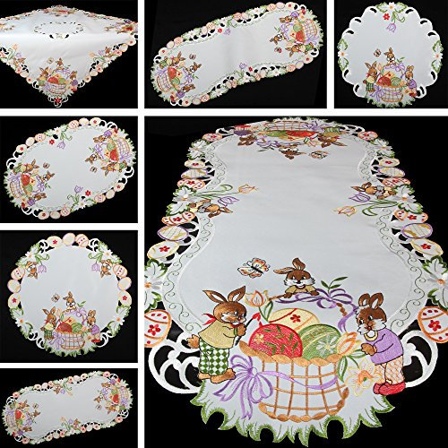 Quinnyshop Frühling Osterhasen Bunte Ostereier Stickerei Mitteldecke 60 cm Rund Polyester, Weiß
