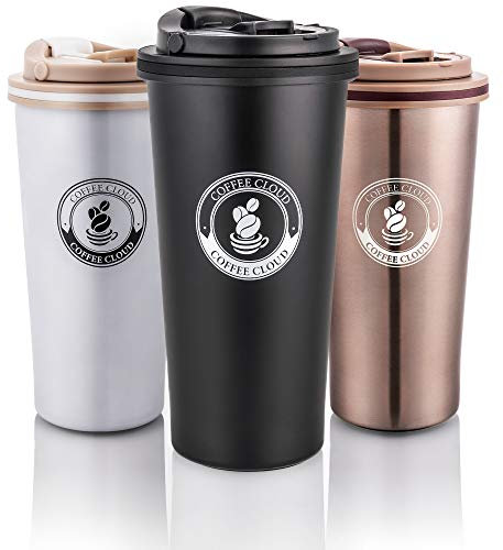 Coffee Cloud Edelstahl Kaffeebecher 500ml | Doppelwandig vakuumisolierter Travel Mug | Thermobecher aus Edelstahl | Isolierbecher BPA Frei, Leicht & Auslaufsicher (Schwarz)