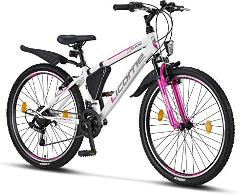 Licorne Bike Guide Premium mountainbikecykel för flickor, pojkar, män och kvinnor – 21 (18 till 20 tum) växelcykel Vit/rosa 26