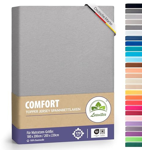 leevitex® Premium Topper Spannbettlaken 180x200-200x220 cm | 18 cm Steghöhe – für Topper & Boxspringbett | 100% Mako-Jersey-Baumwolle | ÖKO-TEX Zertifiziert | 170 g/m² | Grau