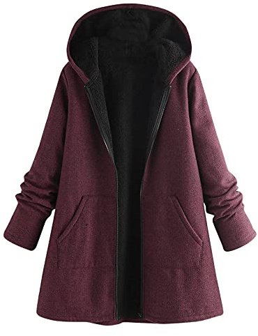 HHMY Sherpajacka dam – vinterjacka sherpa fodrad vinterrock med dragkedja huva jacka långa ärmar varm kappa ledig tröja huvjacka, M – 3XL, röd, 3XL