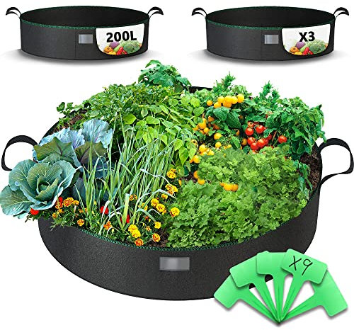 VOUNOT® Set di 3 Sacchi per Piante in Tessuto Non Tessuto 200L, Vasi di Coltivazione per Aiuole da Giardino con Maniglie e Etichette, Grow Bag Borse per Piantare Verdure e Frutta