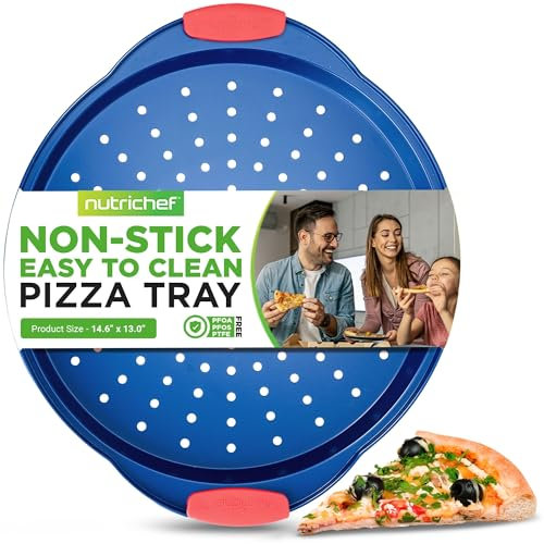 NutriChef Teglia per Pizza Antiaderente da 33 cm, Teglia Forno Rotonda in Acciaio al Carbonio con Fori Perforati con Manici in Silicone Antiscivolo, Lavabile in Lavastoviglie, Blu