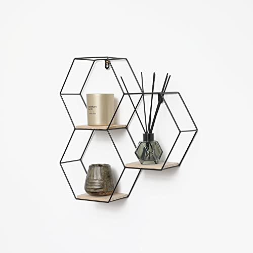 IVOL Waben Wandregal Schwarz 40,5x41 cm, Hexagon Metall Wandregal mit 3 Holzböden, hängendes Dekoregal, modernes Wohnzimmer Regal für Wanddeko, Schlafzimmer, Flur, Büro & stilvolle Deko-Optik