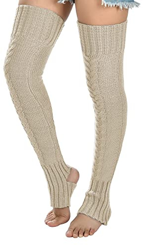 Women's Cable Knitted Thigh high Leg Warmers Extra Long Stirrup Over Knee High Warm Footless Socks Stockings