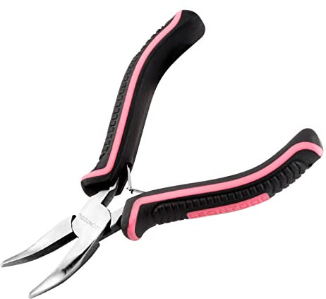 LEONTOOL Mini Bent Nose Pliers for Jewelry Making, 5-Inch Bent Chain Nose Pliers with Smooth Jaws Small Jewelry Making Tool for Creating Bracelets, Earrings and Necklaces, Pink Tool for Women