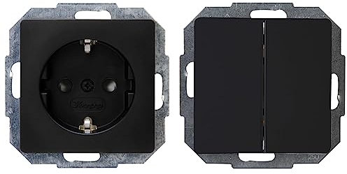 Kopp Paris Steckdose mit erhöhtem Berührungsschutz, Unterputz, Mattschwarz, 920650080 1 stück & Paris Serienschalter, Unterputz, Mattschwarz, 650550089, matt-schwarz
