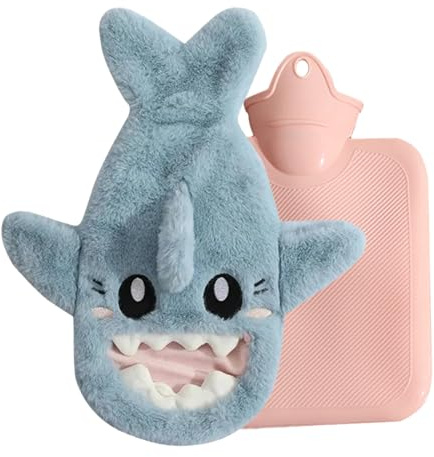 Golgner Wärmflasche mit Bezug, Bettflasche für Kinder mit Weichem Bezug, 1L Warm Hot Water Bottle, mit Flaum Tierbezug Hai Handwärmerbezug, Gummi Warmwasserbeutel für Frauen Männer Kinder