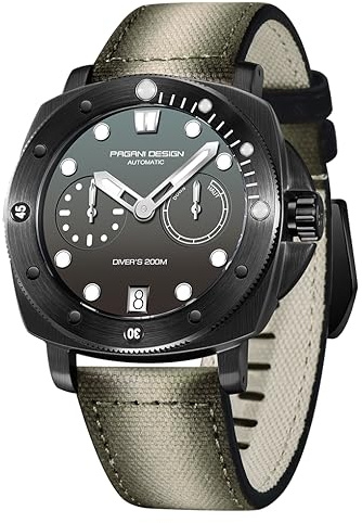 Pagani Design 1767 Herren-Armbanduhr, quadratisch, automatisch, Nylonband, wasserdicht bis 200 m, mit Gangreservezifferblatt, schwarz/grau, Modern