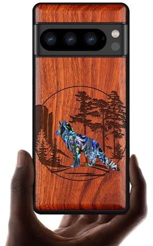 Carveit Designer Wooden Case for Google Pixel 8 Pro Case Cover [Wood Engraving & Shell Inlay] Compatible with Wireless Chargers Pixel 8 Pro Case (Fox and woods-Red Wood)