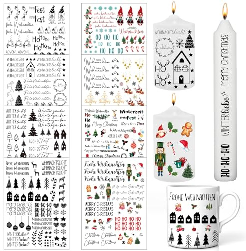 Weihnachten Kerzen Sticker, 8 Stück Kerzenfolie, Kerzentattoos, DIY Kerzensticker, zum Verschönern von Kerzen und Keramik