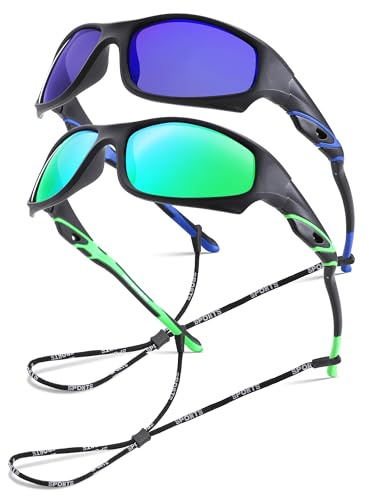 GLARDEFE Kids Youth Baseball Sunglasses – Unbreakable Flexible Polarized Sports Sunglasses with Strap for Boys Girls Age 4-12(Matte Black/Green Mirror + Matte Black/Dark Blue Mirror)