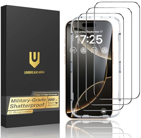 UNBREAKcable Verre Trempé pour iPhone 16 Pro, Couverture Complète 1:1, Cadre d'installation Facile, Dureté 9H, 99,99% HD Films de Protection d'écran pour 6,3 iPhone 16 Pro - Lot de 3