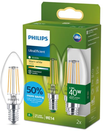 Philips Classic ultraeffiziente LED-Lampe mit Energieeffizienzklasse A, ersetzt 40W, E14 Sockel, Kerze, klar, warmweißes Licht (2700K), 2er Pack, neue Generation, Warmweiß