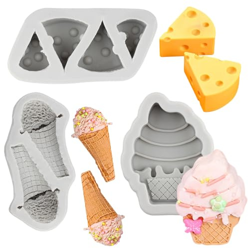 MYPRACS Ice Cream Cone Popsicle Fondant Silicone Mould Cheese Shape Silicone Mould for Cake Decorating Cupcake Topper Candy Chocolate Gum Paste Set of 3