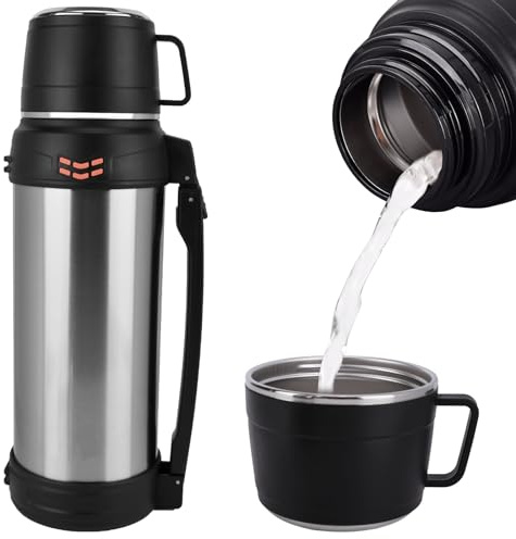 Bouillotte de 2 L, grande capacité isotherme en acier inoxydable, double bouteille de voyage pour boissons chaudes, tasse de voyage avec poignée et couvercle pour boissons chaudes et froides
