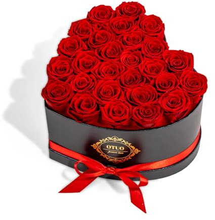 Otuo 27 Preserved Roses in Heart-Shaped Box, Flowers for Delivery Prime Last up 2 Years, Real Forever Flowers for Wife, Girlfriend, Mother, Eternal Roses for Anniversary - Red