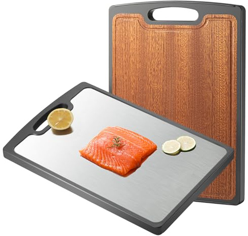 Tagliere in titanio – Tagliere doppio lato in legno da 38,1 cm per cucina, GR1 titanio ed ebano grande tagliere per carne con scanalatura per succhi per carne e verdure