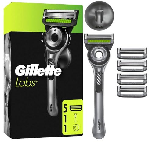 GilletteLabs Rasierer Herren Nass mit Reinigungs-Element, Nassrasierer für Männer— Inkl. 1 Handstück, 5 Ersatzklingen, und Wandhalterung für eine Einfache Aufbewahrung im Badezimmer