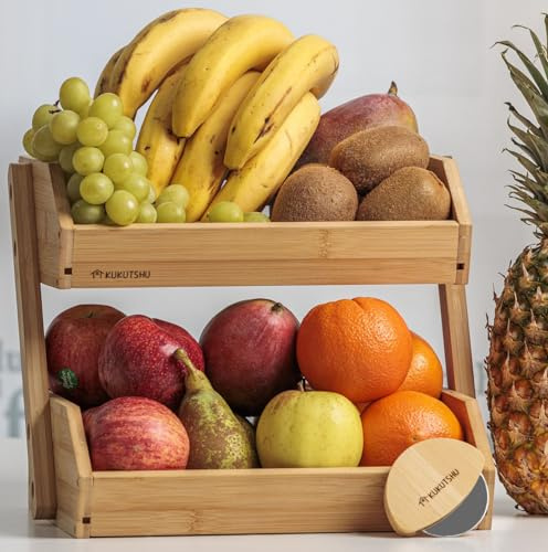 KUKUTSHU Frutero de Madera de Bambú de 2 Pisos - Organizador de Cocina Moderno - Verdulero y Panera + Corta Pizza de Bambú