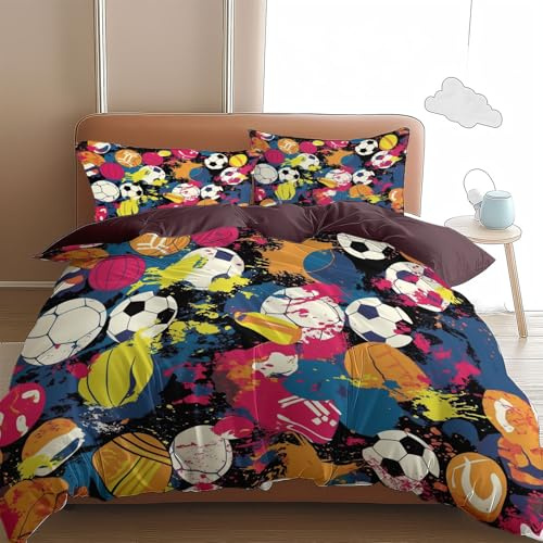 Housse de Couette 140 x 200 cm Ballon de Football Peint Parure de Lit, Violet Housse de Couette 1 Personne en Respirant Microfibre avec Fermeture éclair, 2 Taie d'oreiller 65x65cm